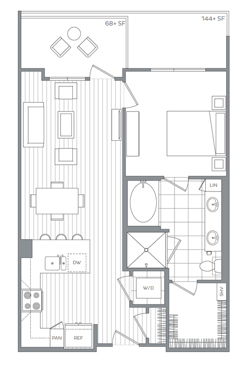 Floor plan for 1 bed, 1 bath, 755 sqft